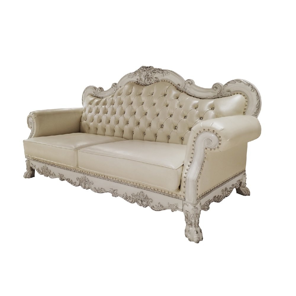 Dresden Sofa w/4 Pillows, Leatherette & Bone White