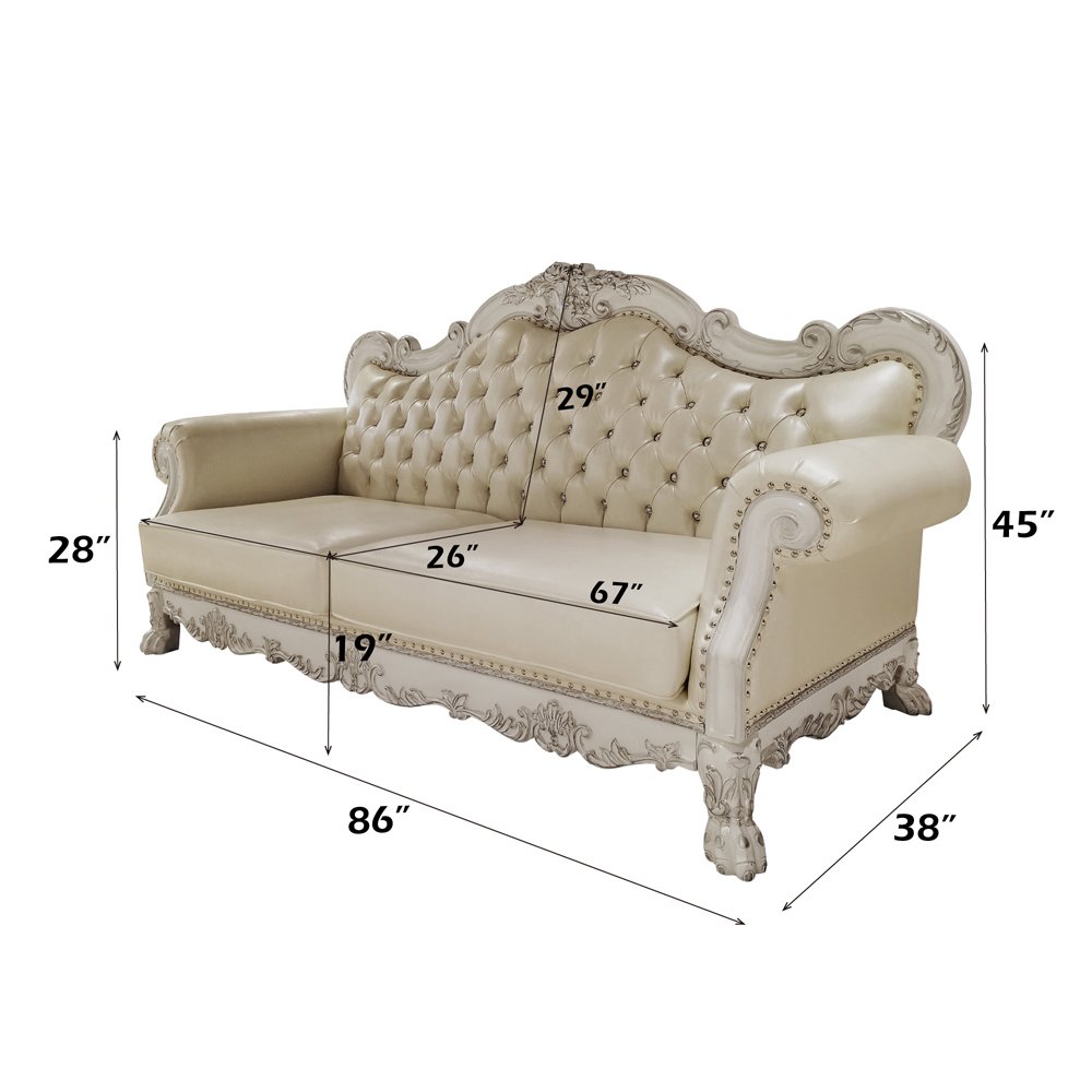 Dresden Sofa w/4 Pillows, Leatherette & Bone White
