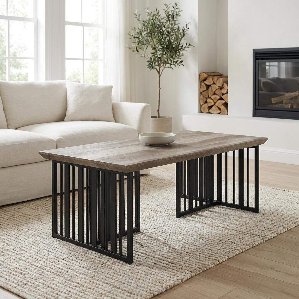 Antique Oak and Black Coffee Table with Industrial Style Metal Frame and MDF Top