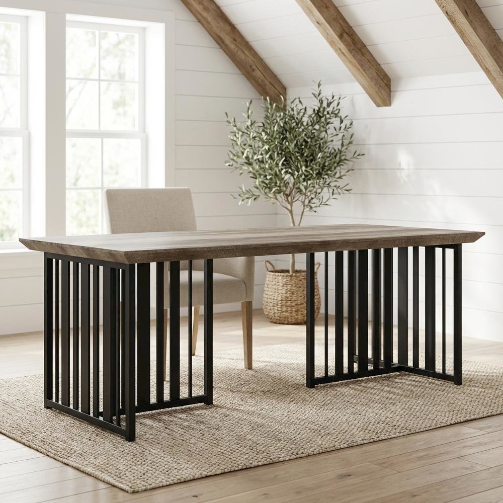 Antique Oak and Black Coffee Table with Industrial Style Metal Frame and MDF Top
