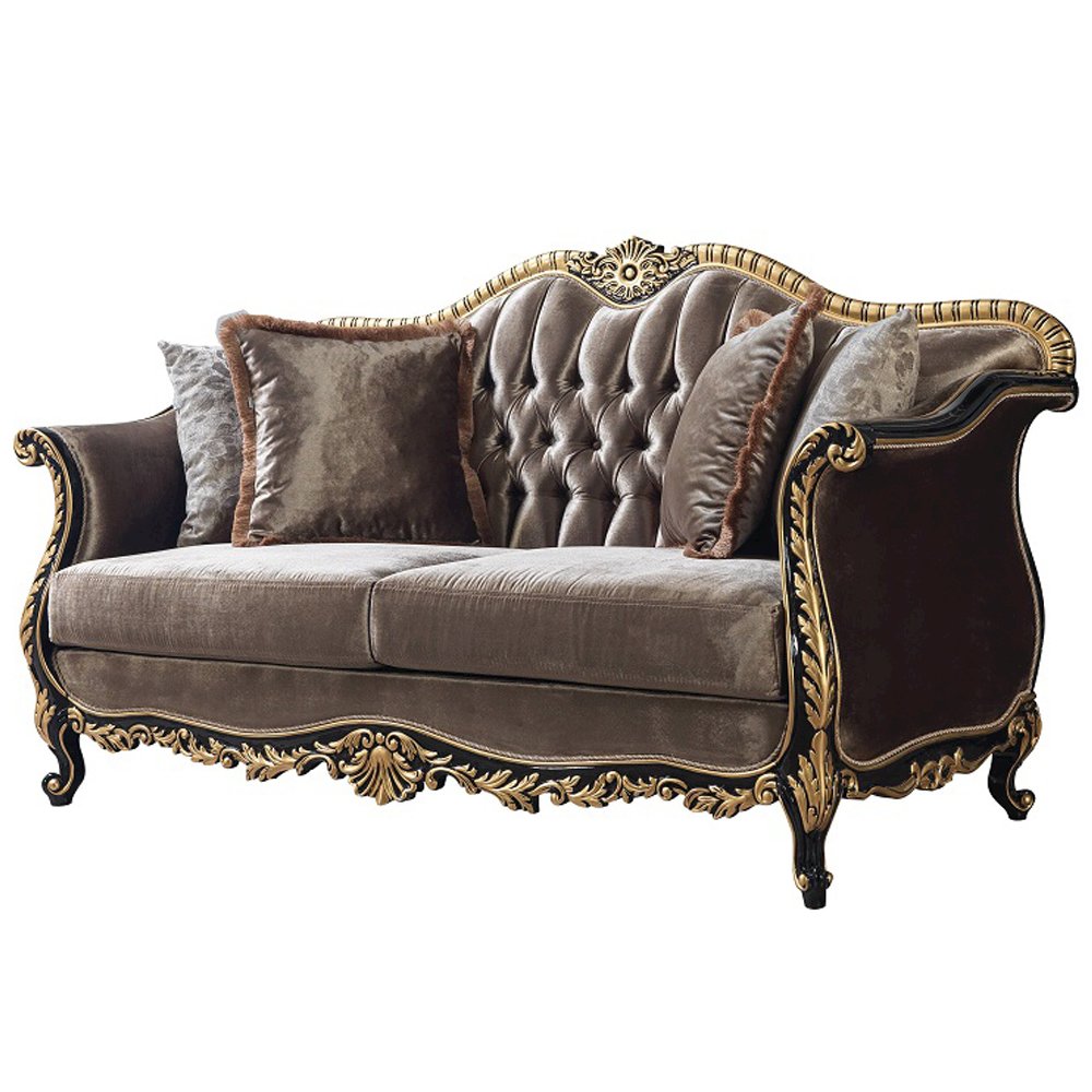 Betria Loveseat w/4 Pillows, Light Green Velvet, Gold & Black High Gloss