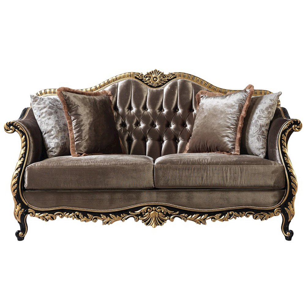 Betria Loveseat w/4 Pillows, Light Green Velvet, Gold & Black High Gloss