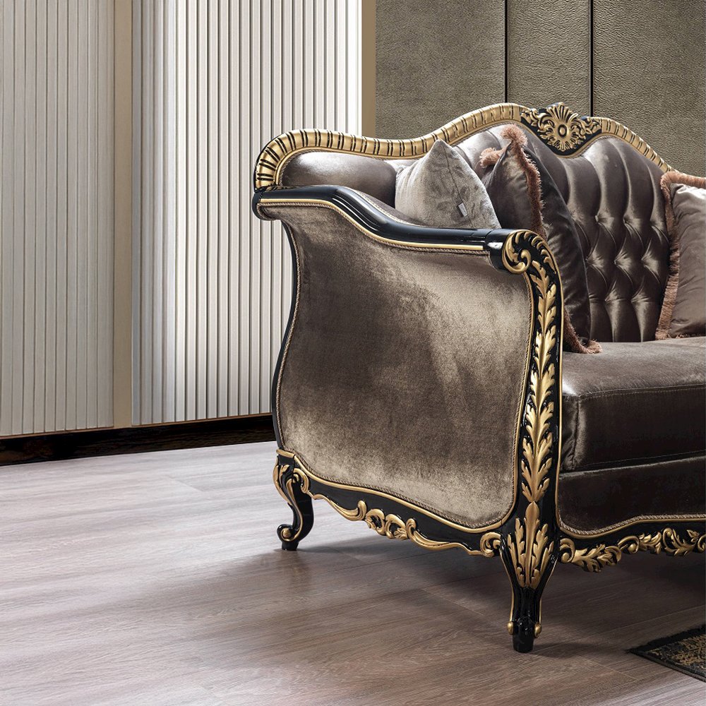 Betria Loveseat w/4 Pillows, Light Green Velvet, Gold & Black High Gloss