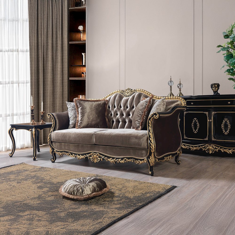Betria Loveseat w/4 Pillows, Light Green Velvet, Gold & Black High Gloss