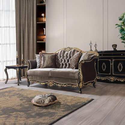 Betria Loveseat w/4 Pillows, Light Green Velvet, Gold & Black High Gloss