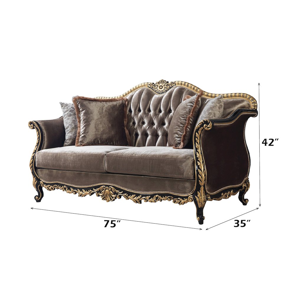 Betria Loveseat w/4 Pillows, Light Green Velvet, Gold & Black High Gloss