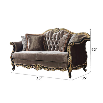 Betria Loveseat w/4 Pillows, Light Green Velvet, Gold & Black High Gloss