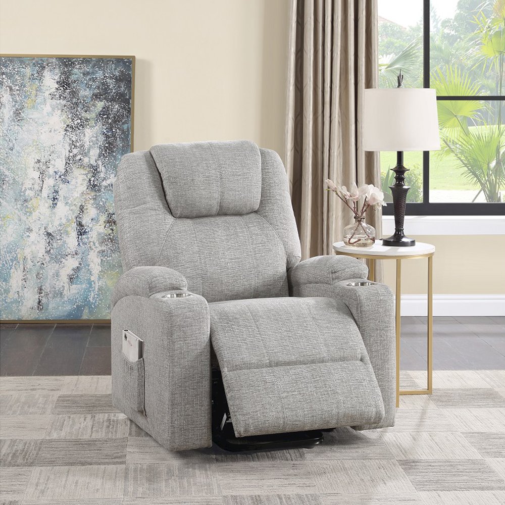 Evander Recliner w/Power Lift & Massage, Light Gray Chenille