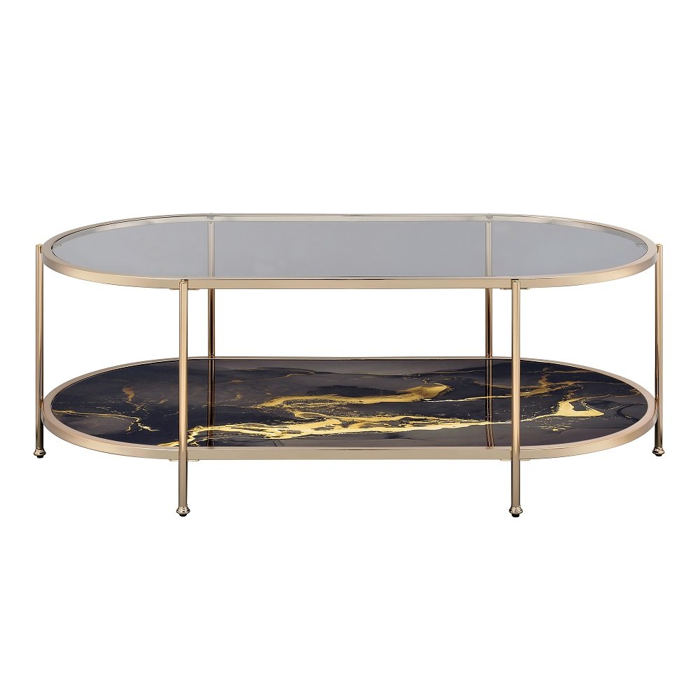 Fiorella Coffee Table, Glass, Black Marble Paint & Champagne
