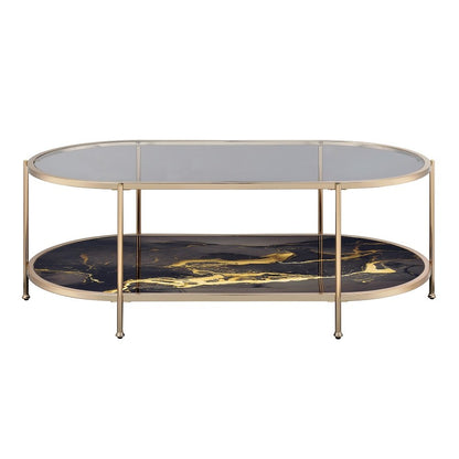 Fiorella Coffee Table, Glass, Black Marble Paint & Champagne