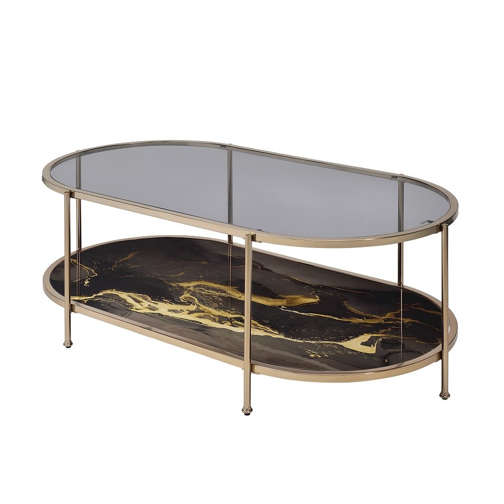 Fiorella Coffee Table, Glass, Black Marble Paint & Champagne