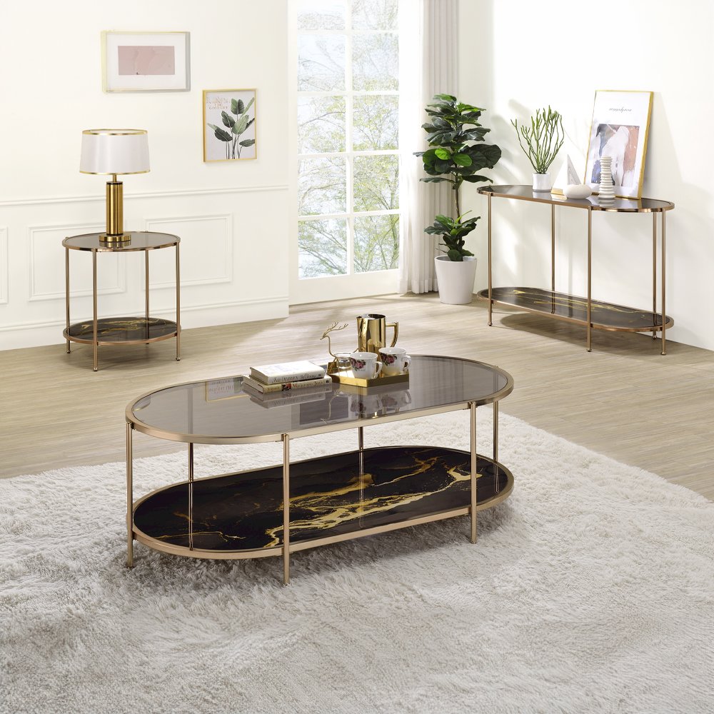 Fiorella Coffee Table, Glass, Black Marble Paint & Champagne