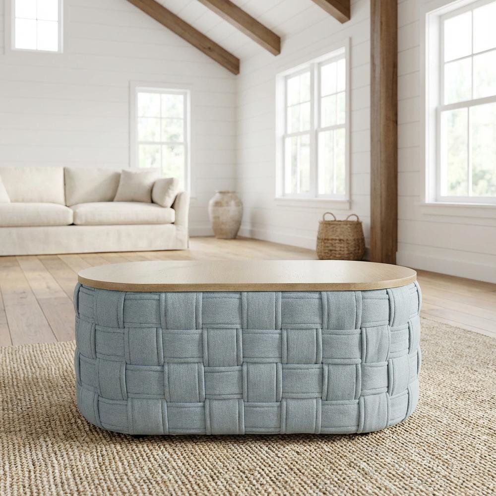 Light Teal Chenille Coffee Table with Soft Upholstery and Sturdy Frame