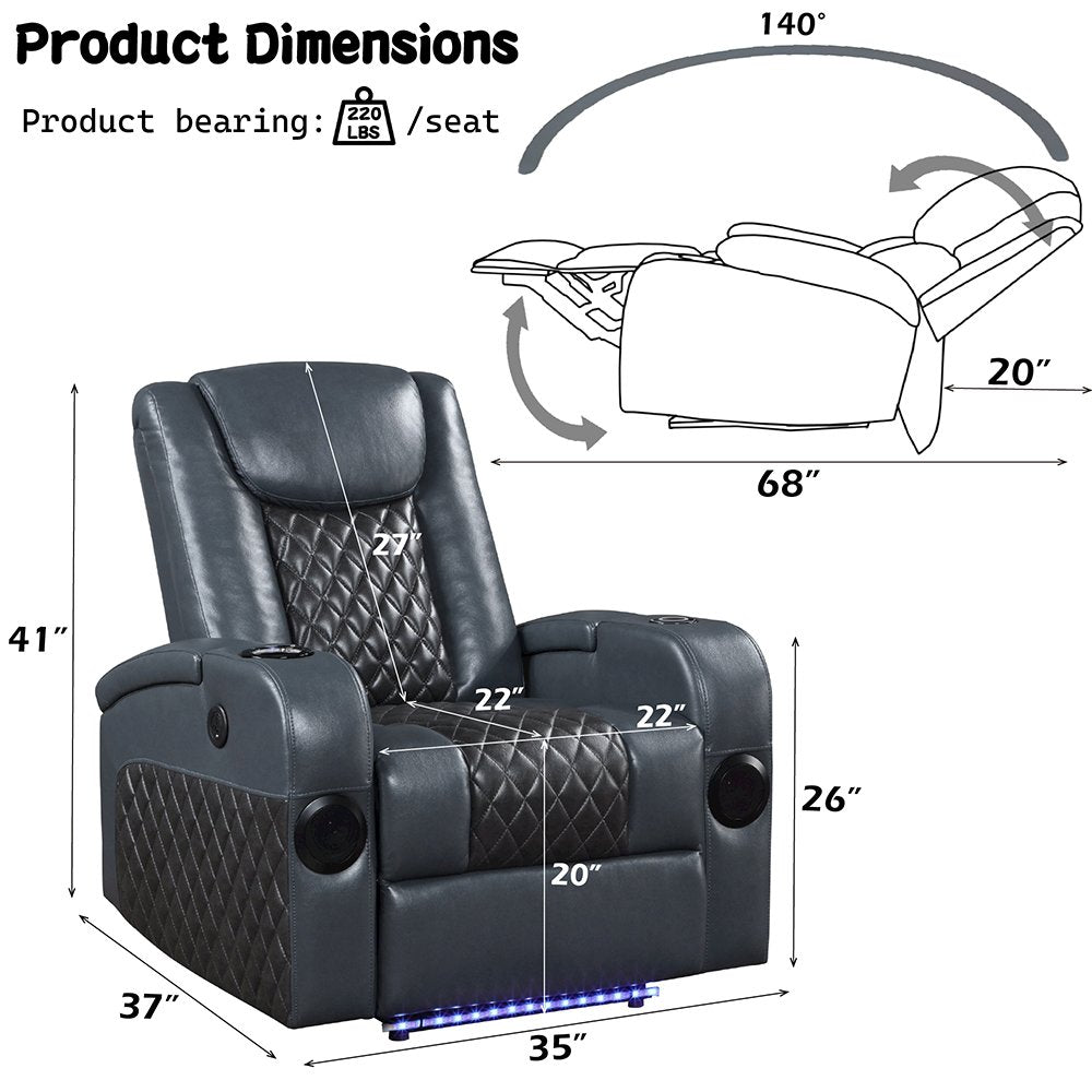 Alair Power Motion Recliner w/Bluetooth Speaker & Cooling Cup Holder, Blue