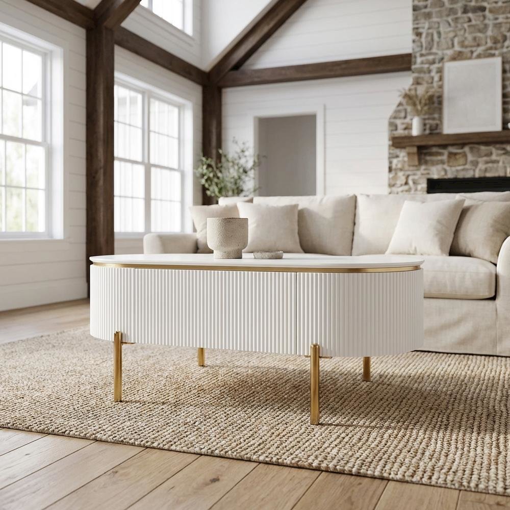 White High Gloss Coffee Table with Gold Finish and Single Piece Design