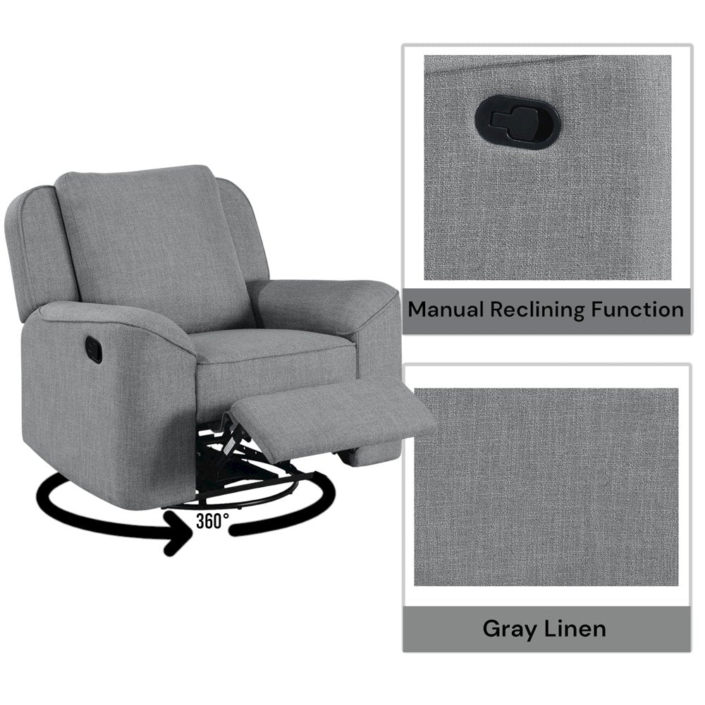 Destiny Glider Recliner w/Swivel, Gray Linen