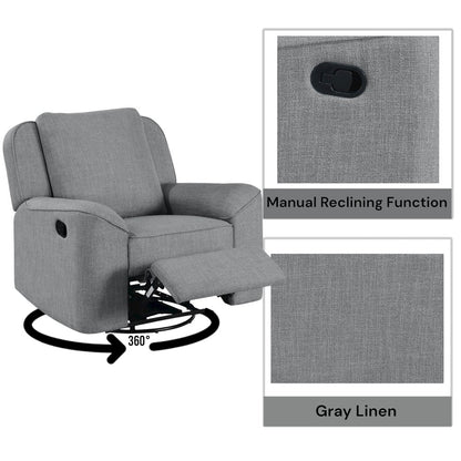 Destiny Glider Recliner w/Swivel, Gray Linen