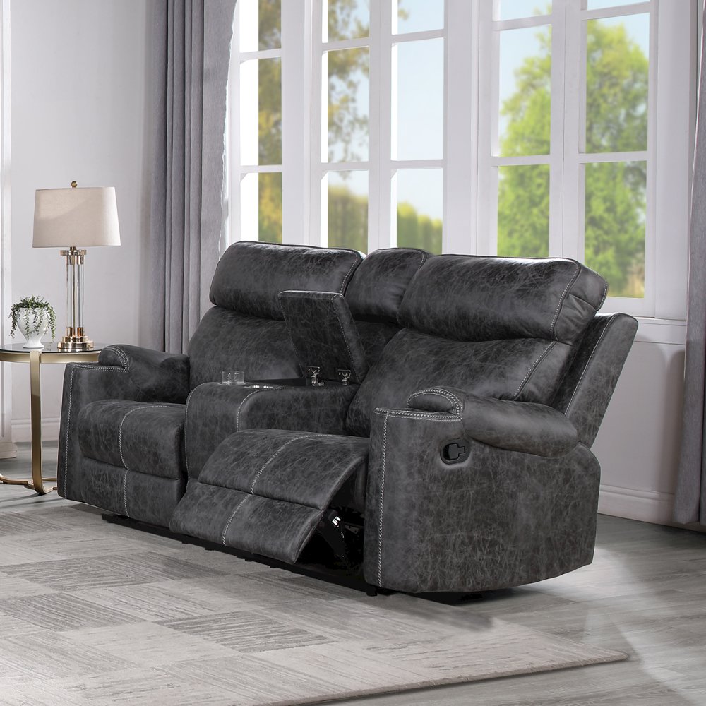Hirah Motion Loveseat w/Console & USB Port, Dark Gray Polish Microfiber