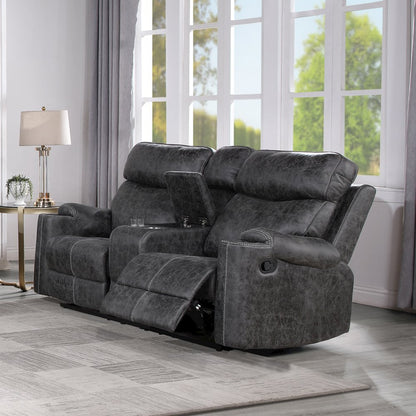 Hirah Motion Loveseat w/Console & USB Port, Dark Gray Polish Microfiber