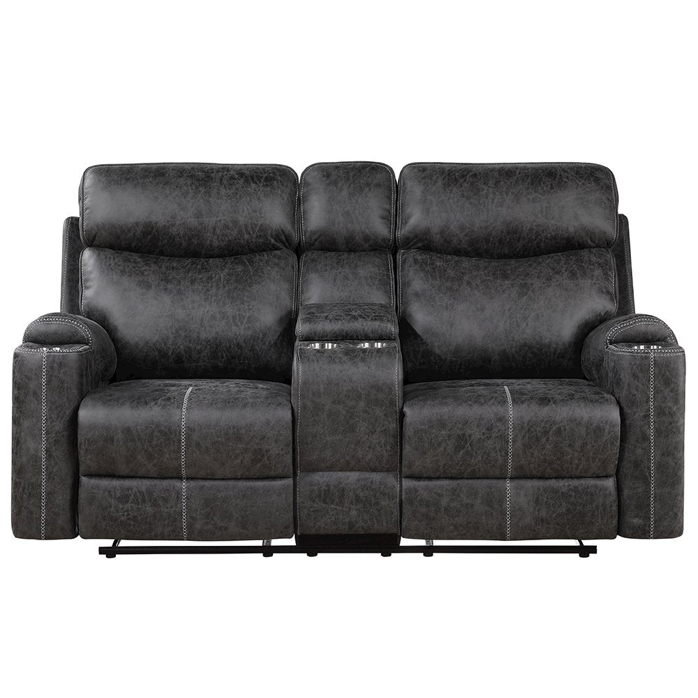 Hirah Motion Loveseat w/Console & USB Port, Dark Gray Polish Microfiber
