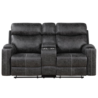 Hirah Motion Loveseat w/Console & USB Port, Dark Gray Polish Microfiber