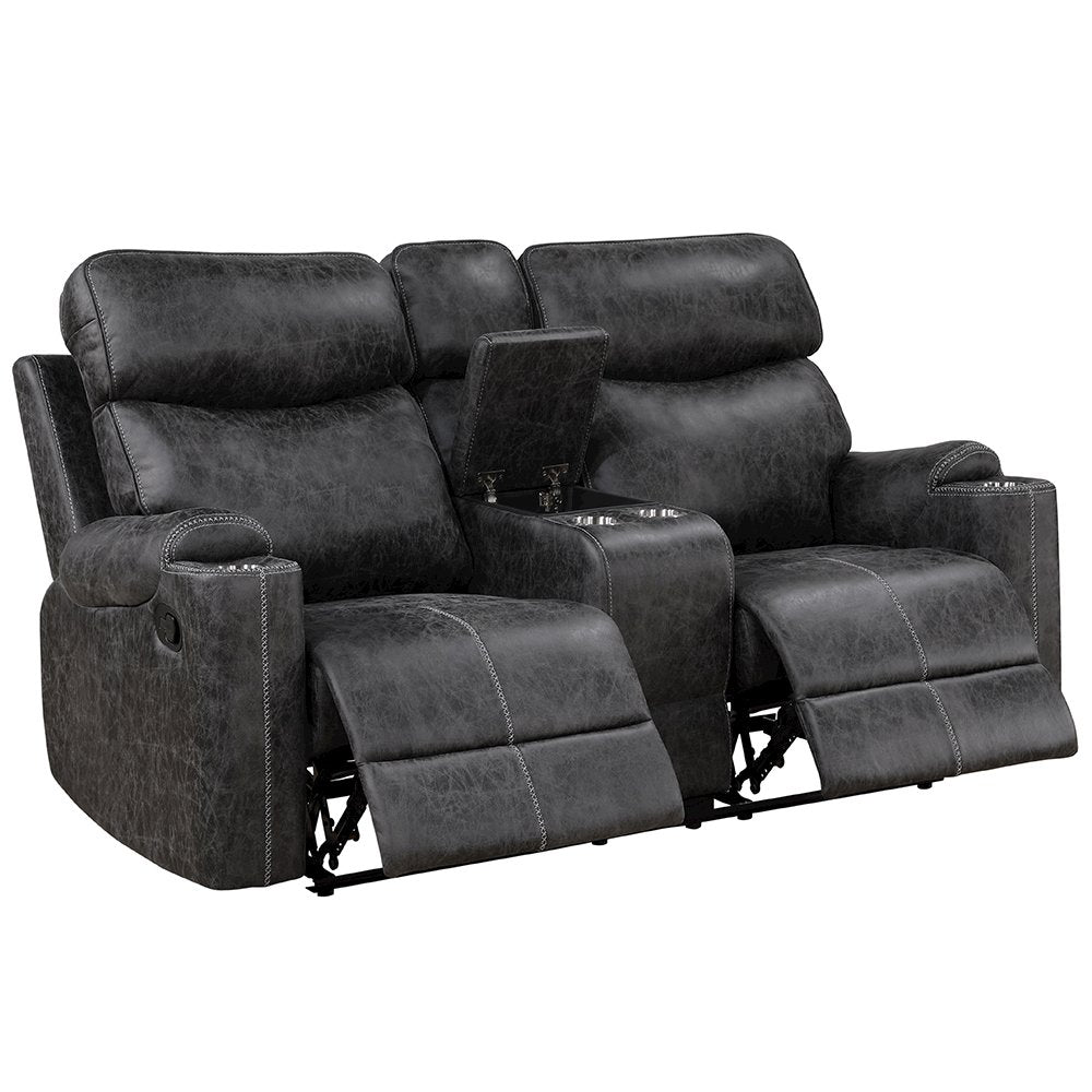 Hirah Motion Loveseat w/Console & USB Port, Dark Gray Polish Microfiber