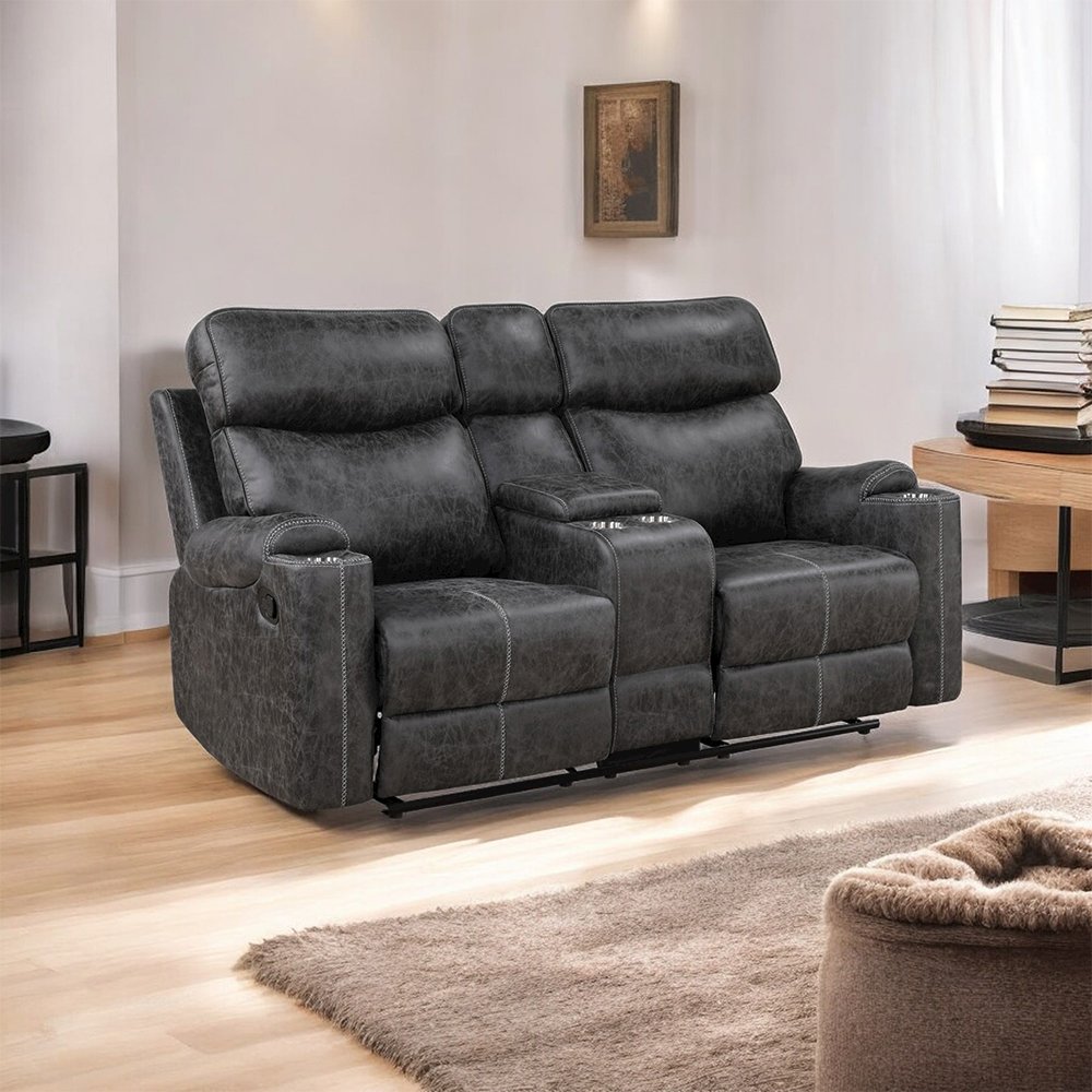 Hirah Motion Loveseat w/Console & USB Port, Dark Gray Polish Microfiber