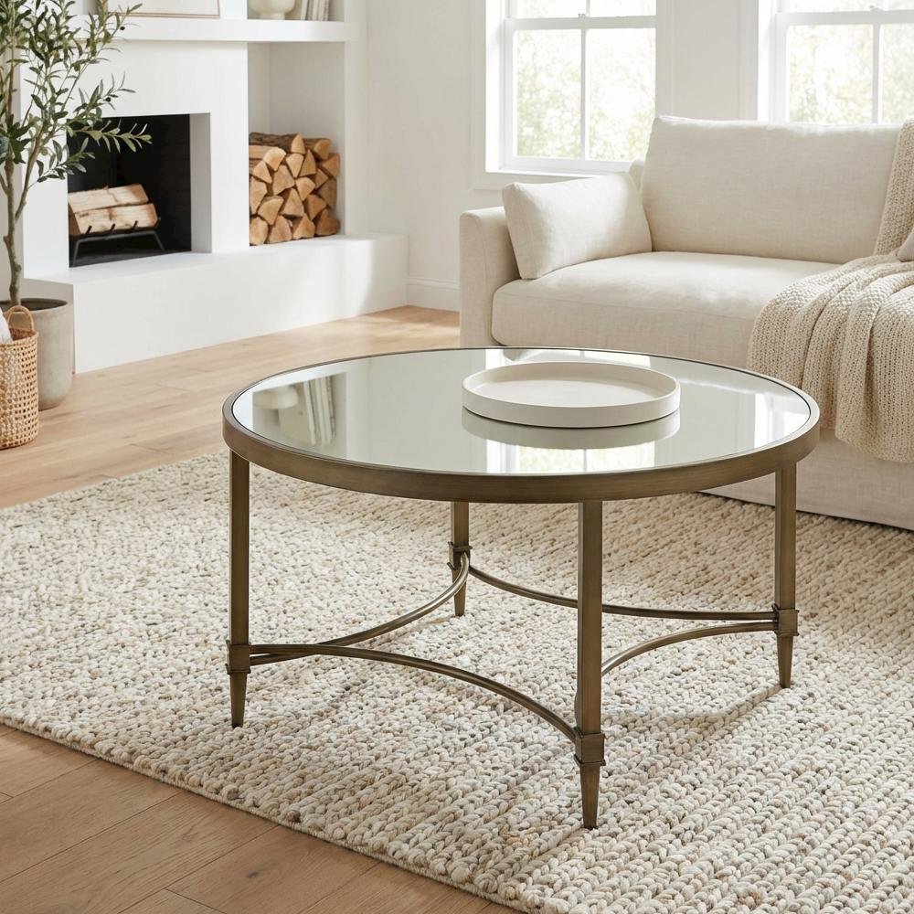Mirrored Coffee Table with Antique Brass Finish and Sleek Design
