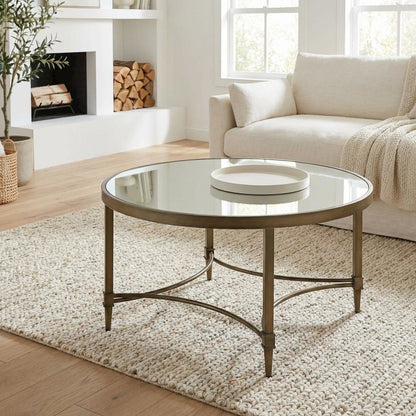 Mirrored Coffee Table with Antique Brass Finish and Sleek Design
