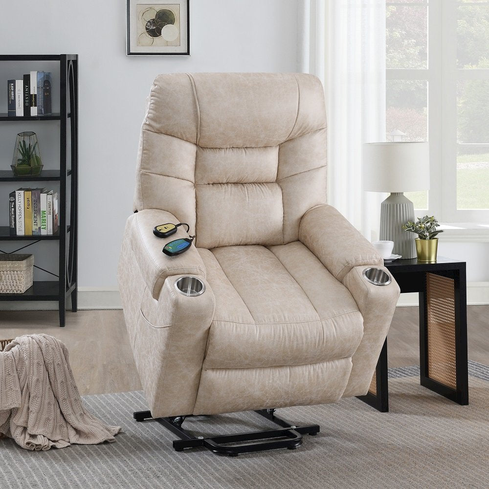 Nairi Power Recliner w/Lift, Heating & Massage, Ivory Polished Microfiber