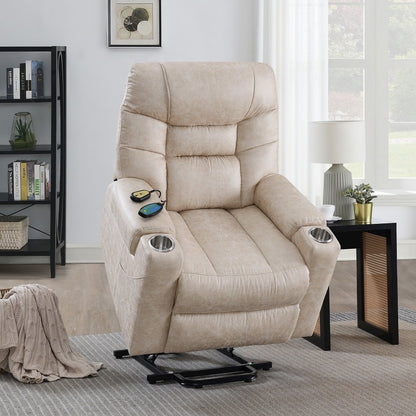 Nairi Power Recliner w/Lift, Heating & Massage, Ivory Polished Microfiber