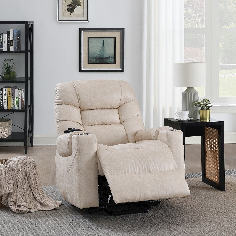 Nairi Power Recliner w/Lift, Heating & Massage, Ivory Polished Microfiber