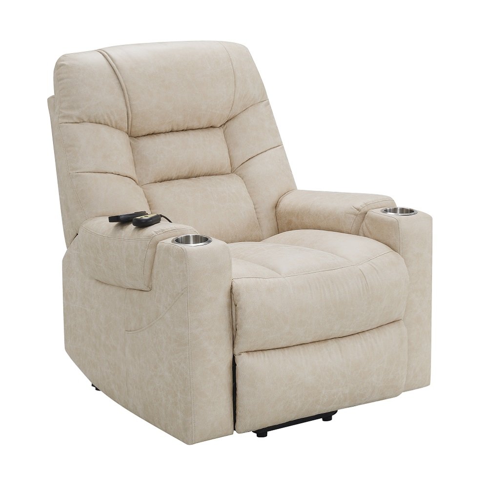 Nairi Power Recliner w/Lift, Heating & Massage, Ivory Polished Microfiber