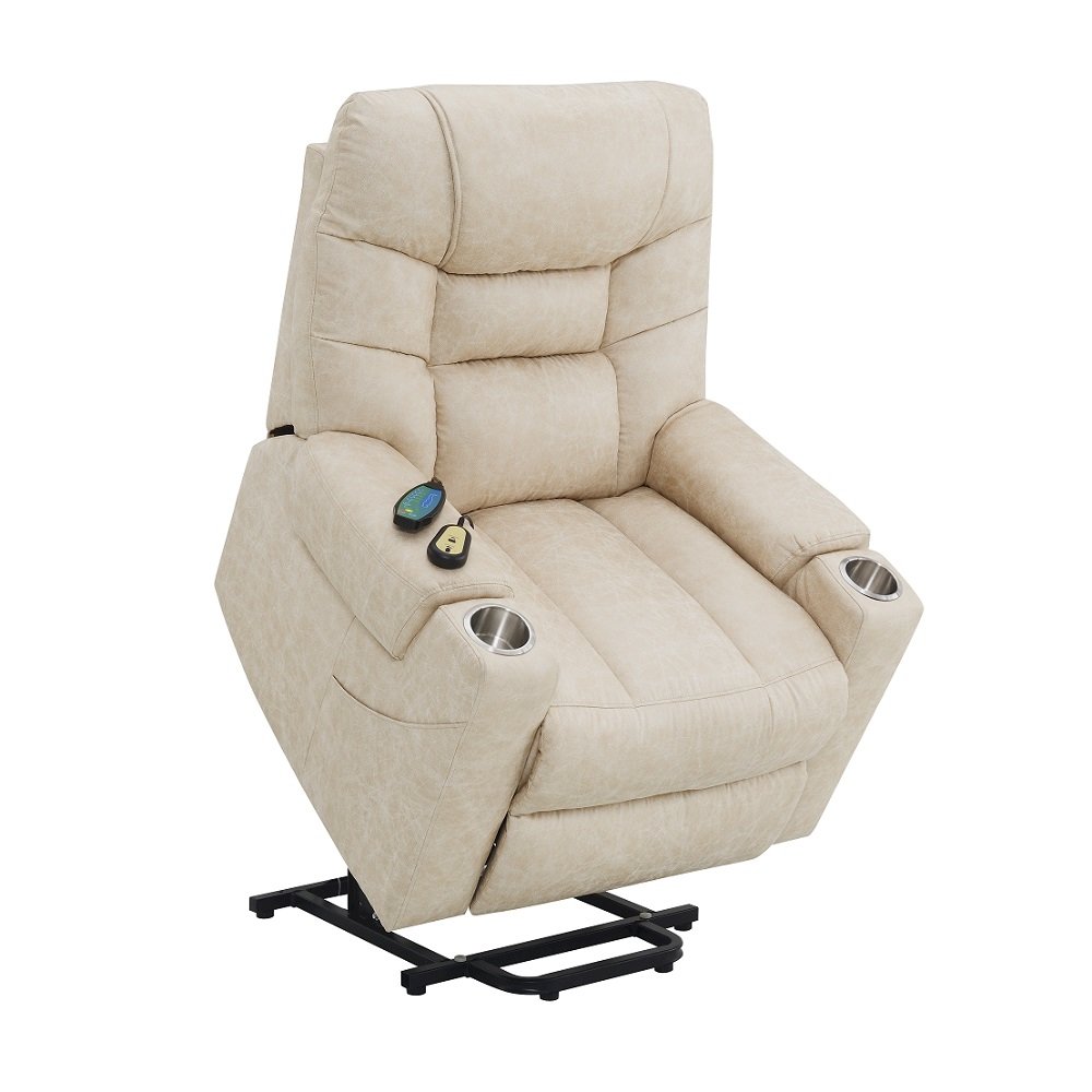 Nairi Power Recliner w/Lift, Heating & Massage, Ivory Polished Microfiber