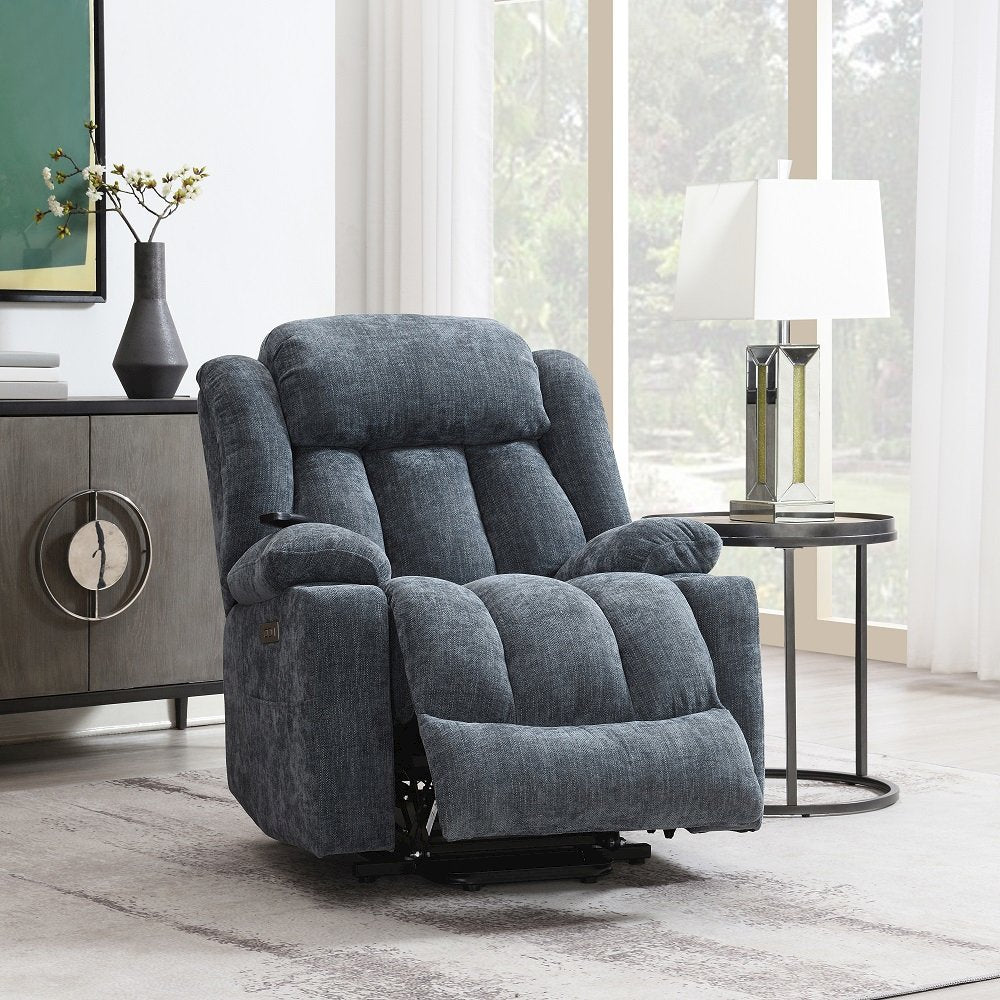Omarion Power Recliner w/Lift, Heating & Massage, Blue Chenille