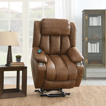 Omarion Power Recliner w/Lift, Heating & Massage, Brown Polished Microfiber