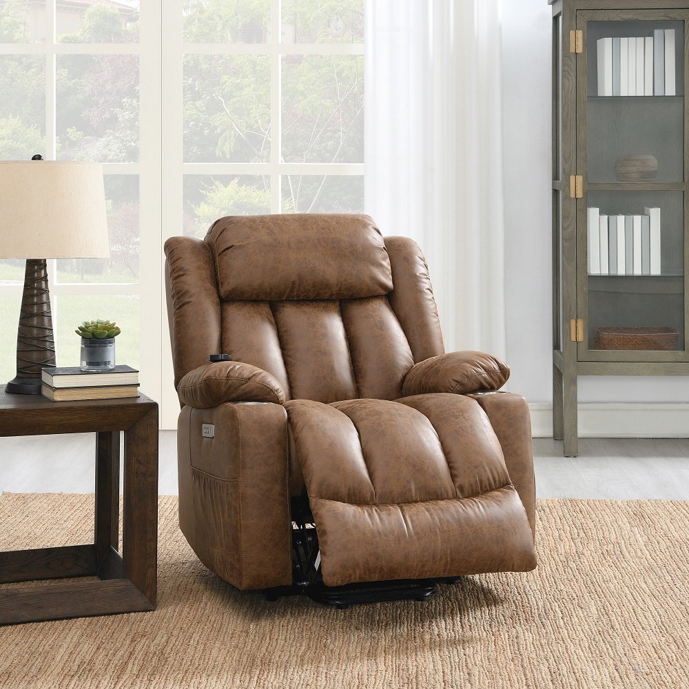 Omarion Power Recliner w/Lift, Heating & Massage, Brown Polished Microfiber