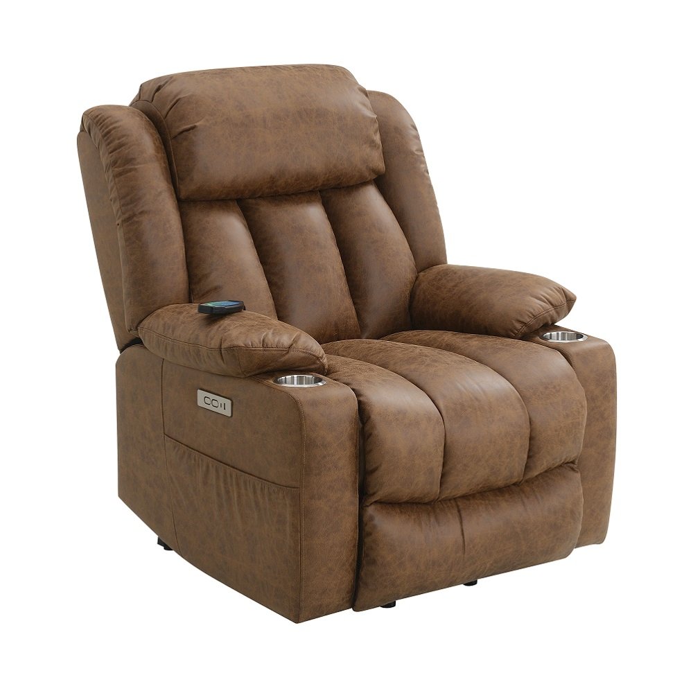 Omarion Power Recliner w/Lift, Heating & Massage, Brown Polished Microfiber