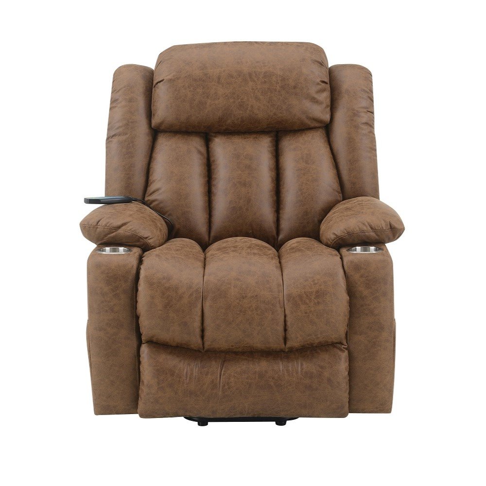 Omarion Power Recliner w/Lift, Heating & Massage, Brown Polished Microfiber