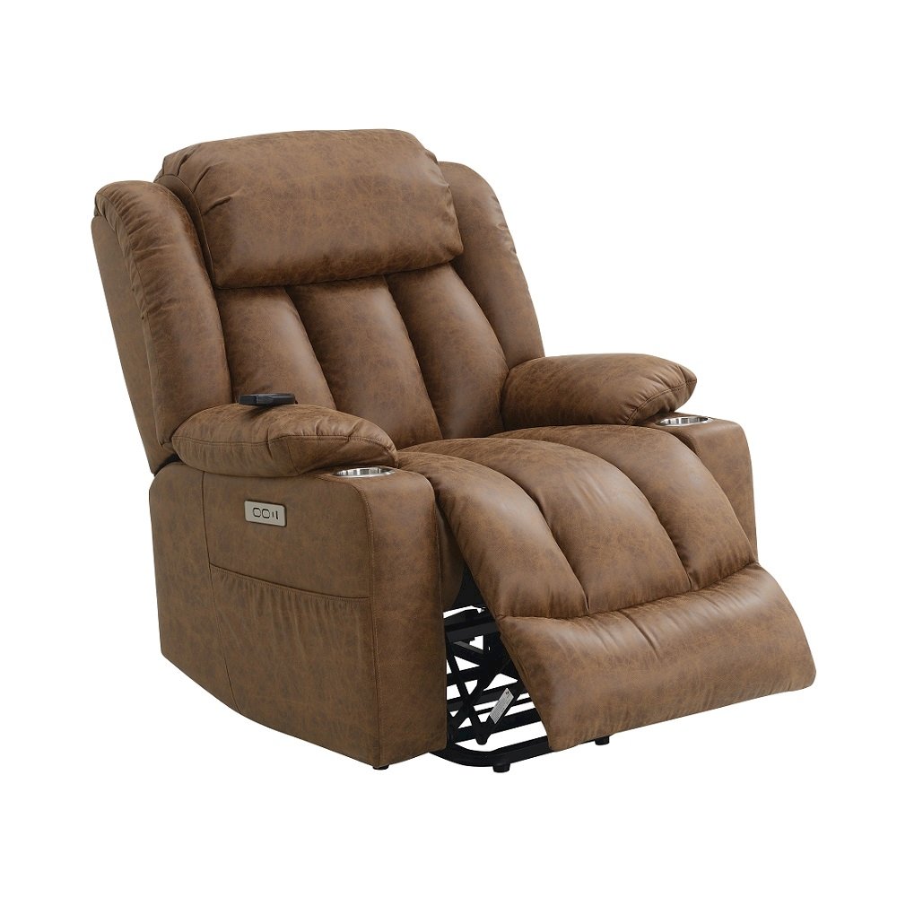 Omarion Power Recliner w/Lift, Heating & Massage, Brown Polished Microfiber