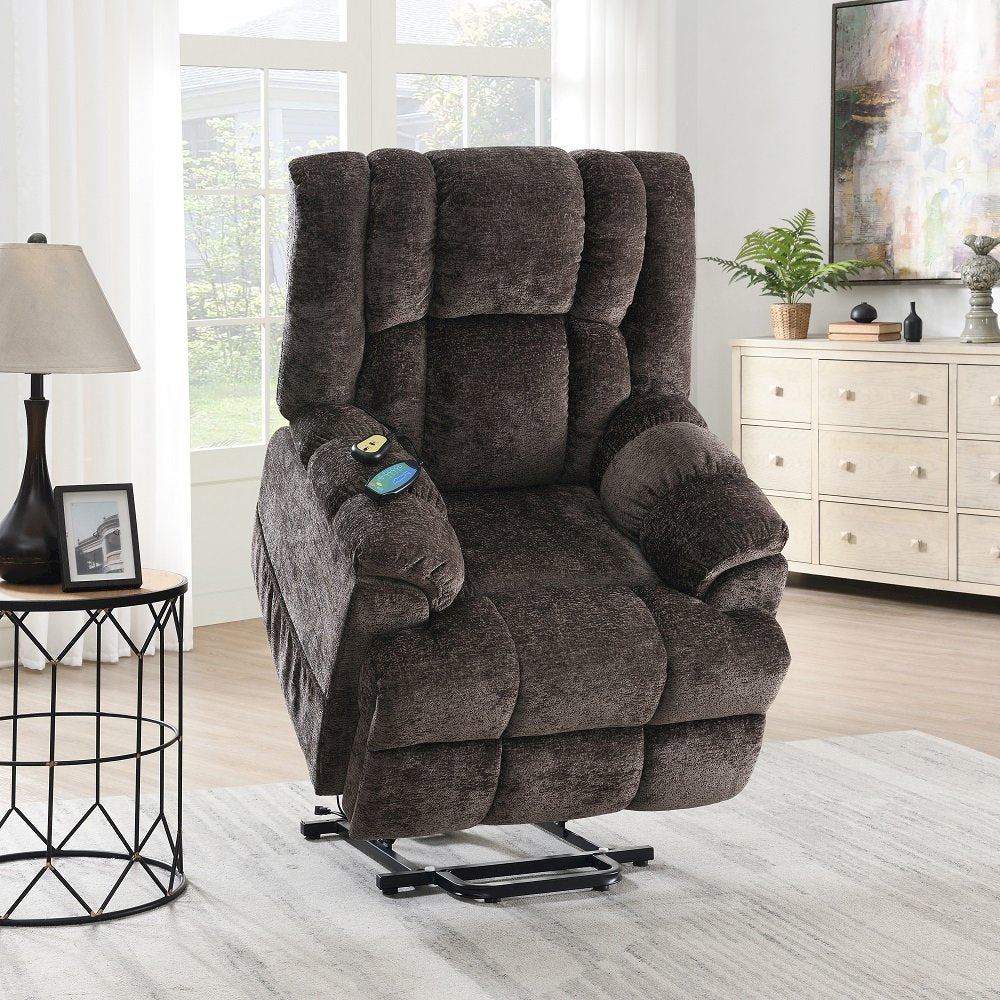 Pacay Power Recliner w/Lift, Heating & Massage, Brown Chenille