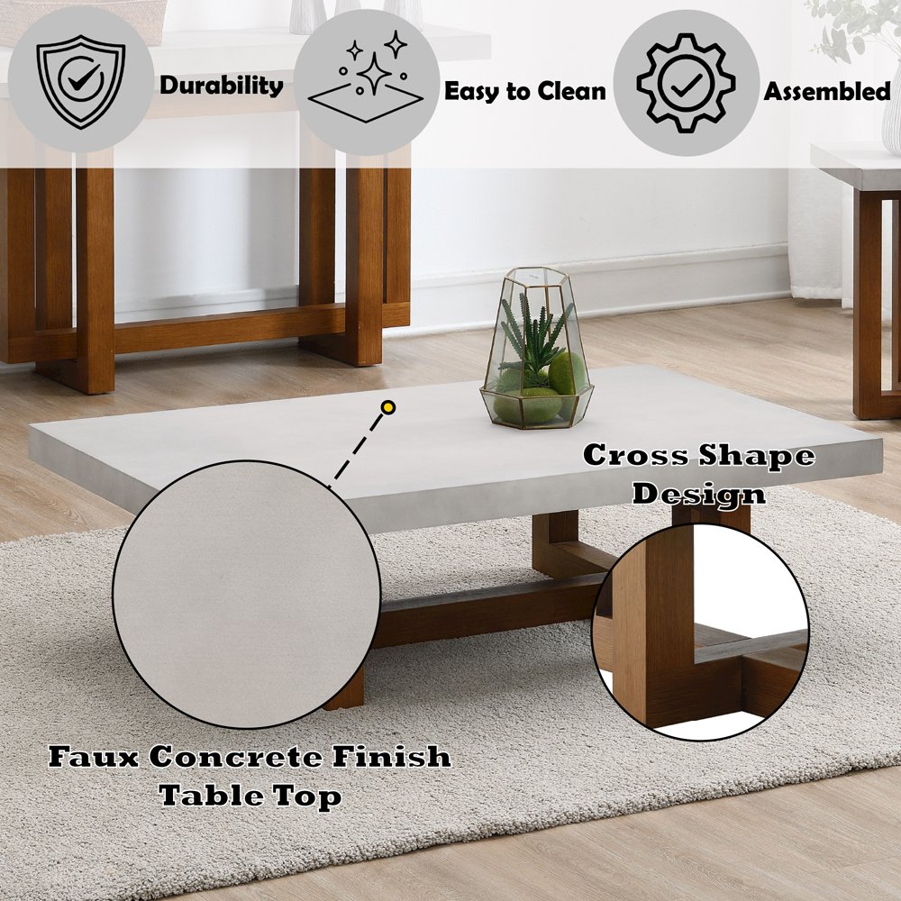 Keven Coffee Table, Faux Concrete Top & Walnut