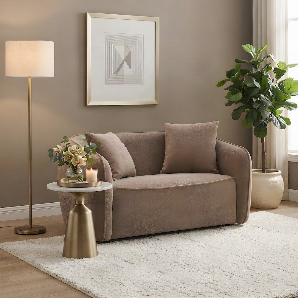 Upholstered Chenille Loveseat Sofa with Pillows, Small Love Seat, Brown Chenille