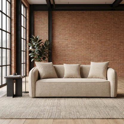 Chenille-Upholstered Contemporary Sofa with Accent Pillows, Beige