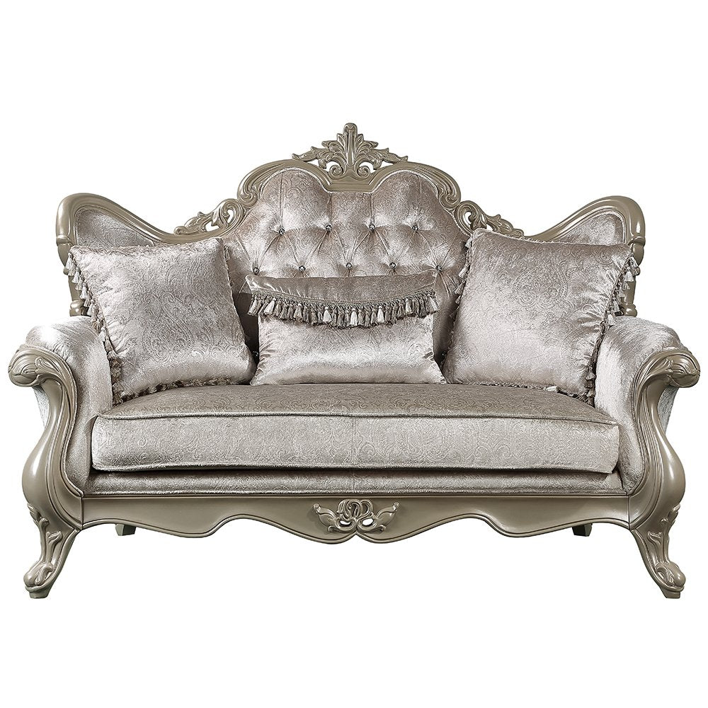 Libertee Loveseat w/3 Pillows, Beige Fabric & Champagne