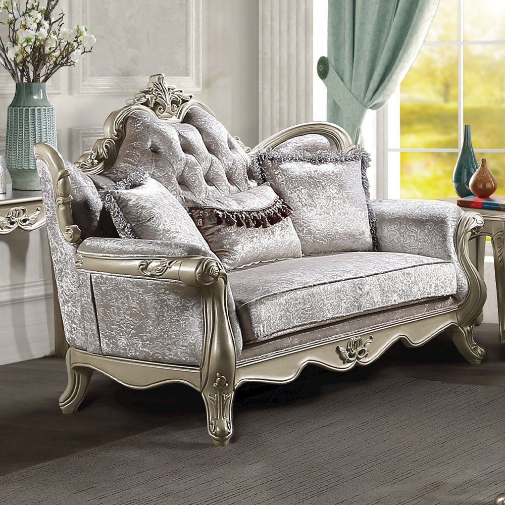 Libertee Loveseat w/3 Pillows, Beige Fabric & Champagne