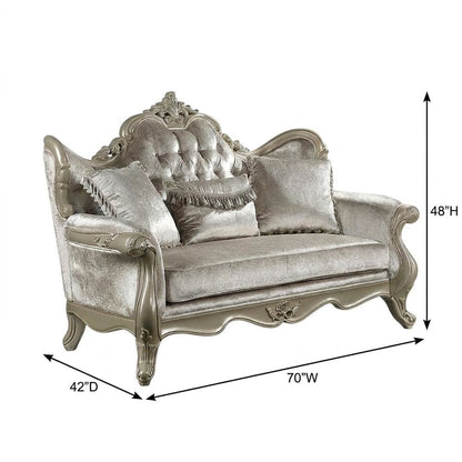 Fabric Small Loveseat Sofa with Throw Pillows, Beige Fabric & Champagne