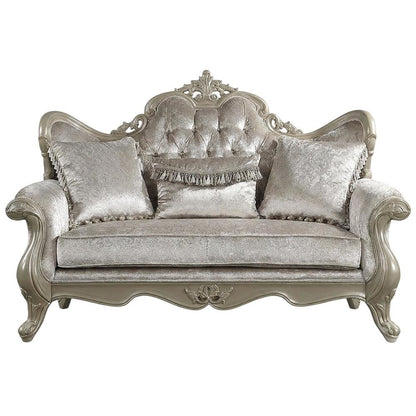 Fabric Small Loveseat Sofa with Throw Pillows, Beige Fabric & Champagne