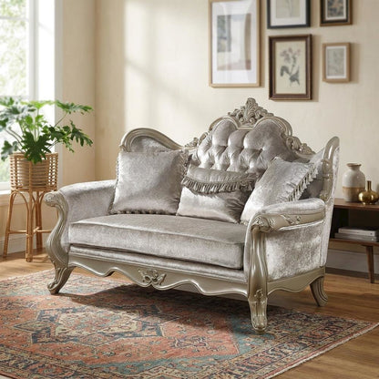 Fabric Small Loveseat Sofa with Throw Pillows, Beige Fabric & Champagne