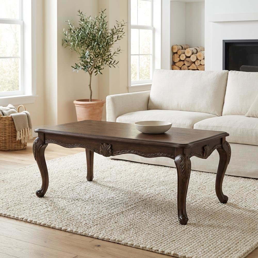 Cherry Wood Coffee Table with Storage Shelf and Sturdy Construction 1-Piece